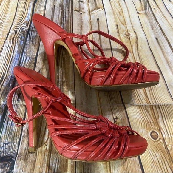 Colin Stuart Red Leather 5” Stiletto Peep Toe Heels Size 6 B - Picture 3 of 5